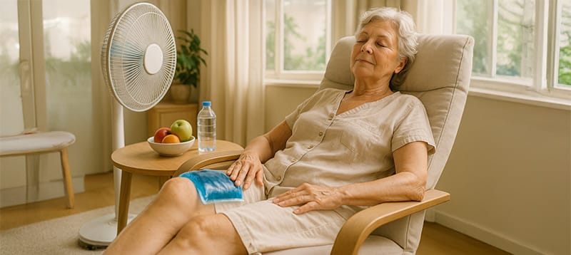 Mujer mayor con dolor crónico en verano aplicando compresa fría en ambiente fresco