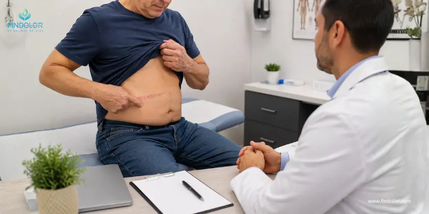 Paciente con neuralgia postherpética señalando una zona sensible del torso después del herpes zóster