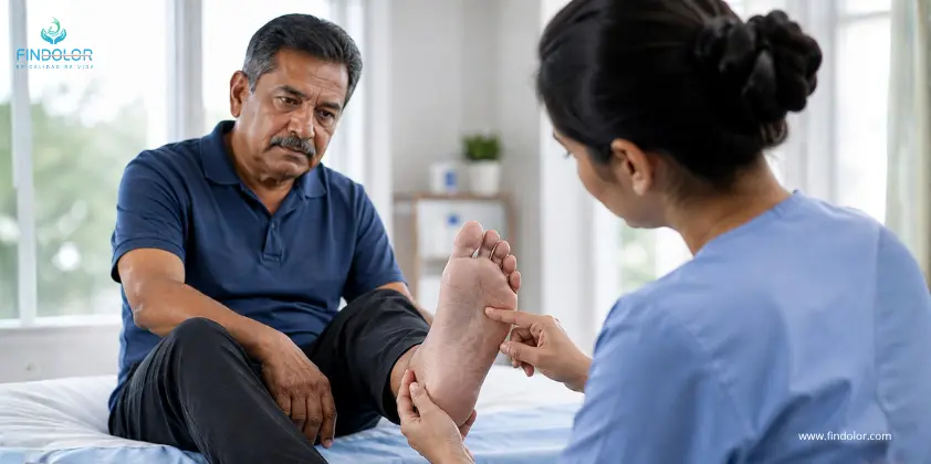 Paciente con neuropatía diabética revisando la planta del pie con apoyo de un profesional de salud