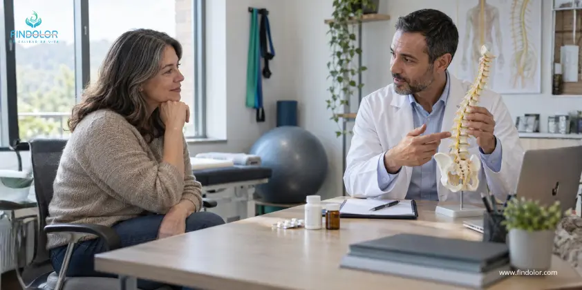 Especialista explicando el tratamiento del dolor neuropático a un paciente durante una consulta