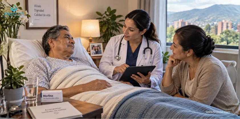Médico explicando el uso seguro de morfina en cuidados paliativos a un paciente y su familiar