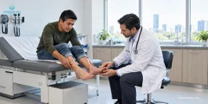 Médico evaluando el hormigueo en los pies de una paciente sin asumir que se debe a diabetes