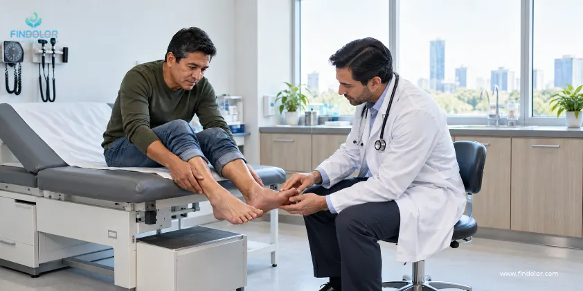 Médico evaluando el hormigueo en los pies de una paciente sin asumir que se debe a diabetes