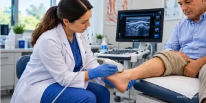 Especialista explicando el tratamiento de la neuropatía diabética y el cuidado del pie