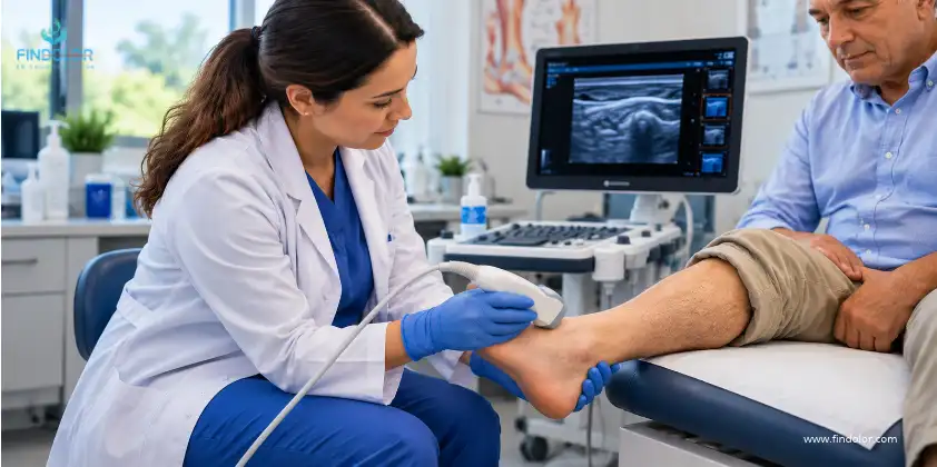 Especialista explicando el tratamiento de la neuropatía diabética y el cuidado del pie
